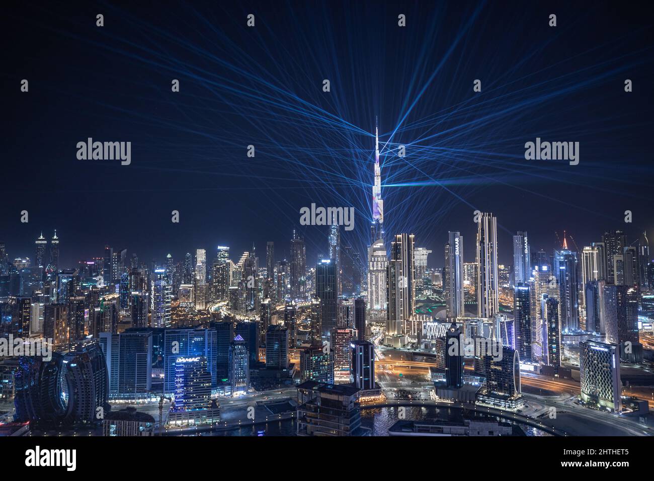 Dubai, United Arab Emirates - Feb 20, 2022: Burj Khalifa light and laser show at night. Stock Photo