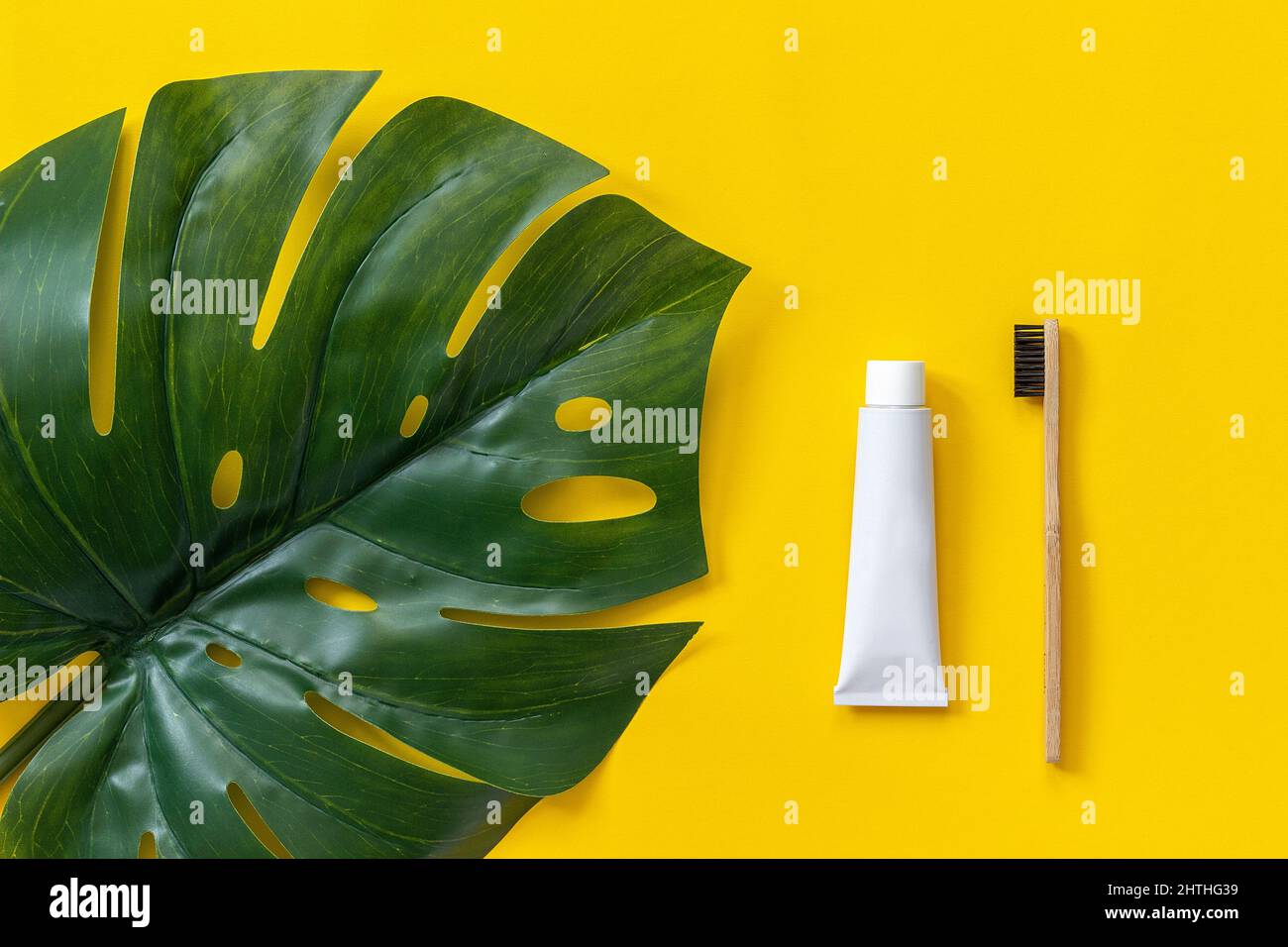 Natural eco-friendly bamboo brush, tube of toothpaste and tropical leaf ...