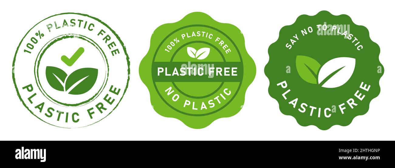 Plastic free say no to plastic in product green style color emblem icon tag sticker design for packaging Stock Vector