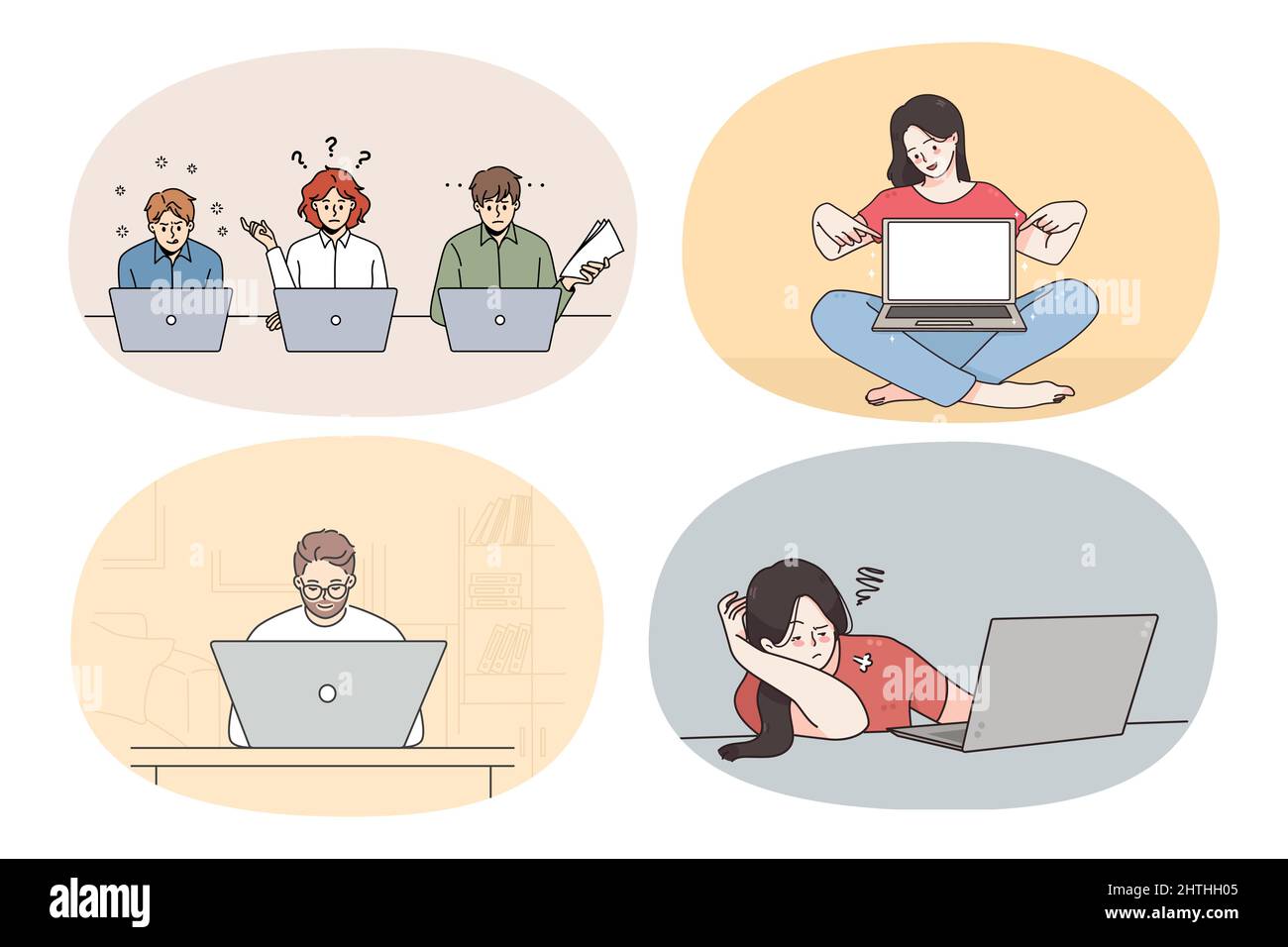 Set of diverse people work online on laptops on lockdown. Collection of men and women freelancers study or browse internet on computers. Technology and remote job. Vector illustration.  Stock Vector