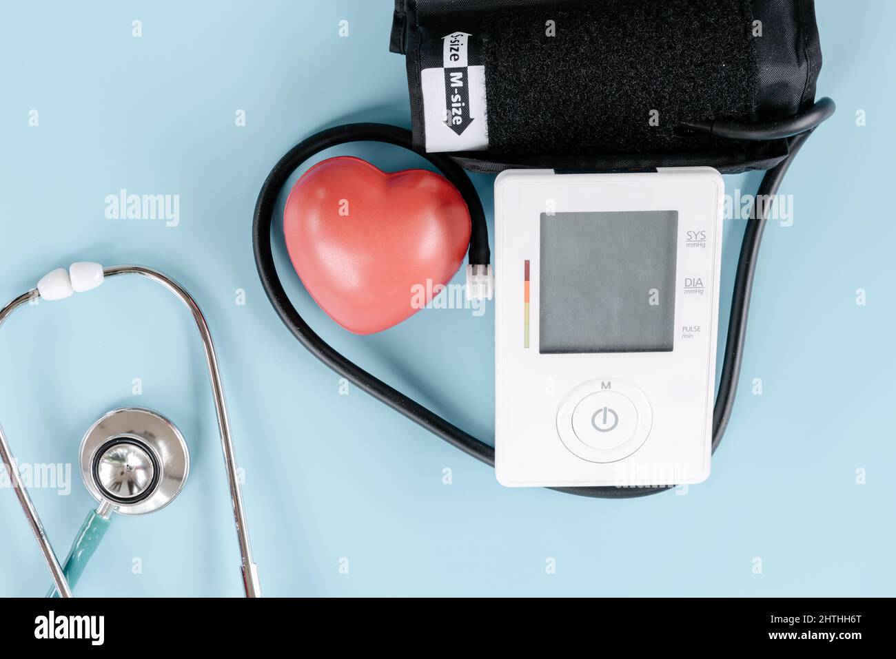 Medical Examination and Health Awareness Concept, Health Checkup With Measuring Blood Pressure Sphygmomanometer and Medical Stethoscope. Doctor Appoin Stock Photo