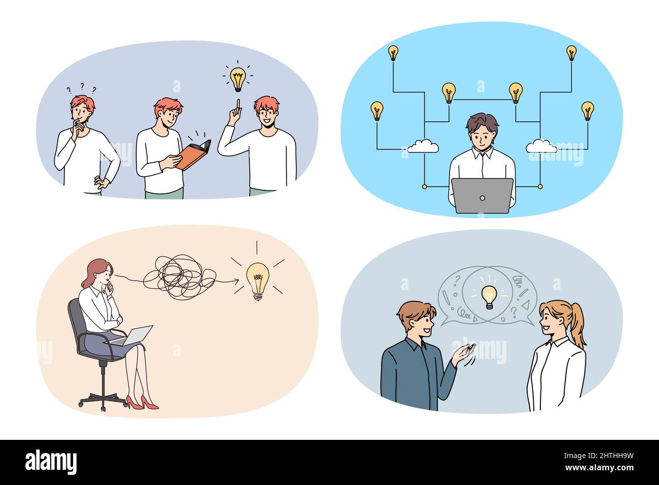 Set of diverse businesspeople with lightbulbs brainstorm generate ...
