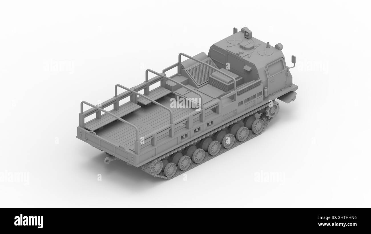3D rendering of a people carrier army truck on caterpillar tracks in isolated empty studio background. Stock Photo