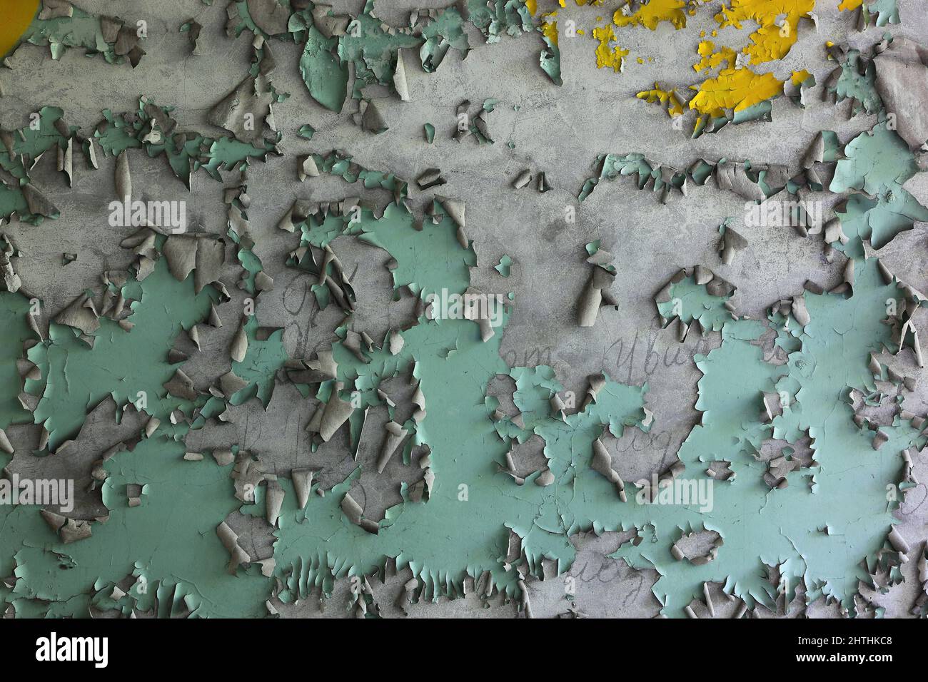Ukraine, Sperrzone, Pripjat, in der unbewohnbaren 30-Kilometer-Zone um das Kraftwerk von Tschernobyl und der Arbeitersiedlung Pripjat, Wandfarbe blaet Stock Photo