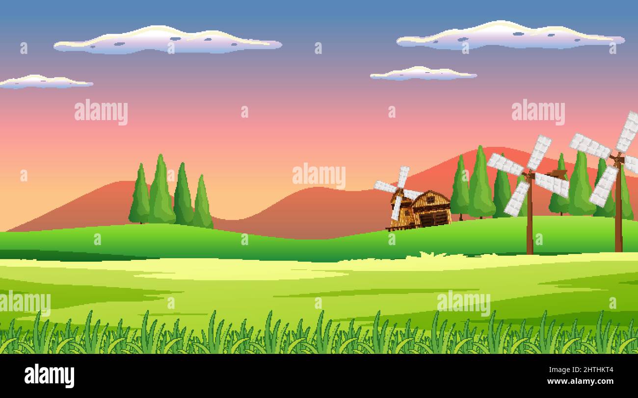 Farm scene with windmill and barn illustration Stock Vector Image & Art ...