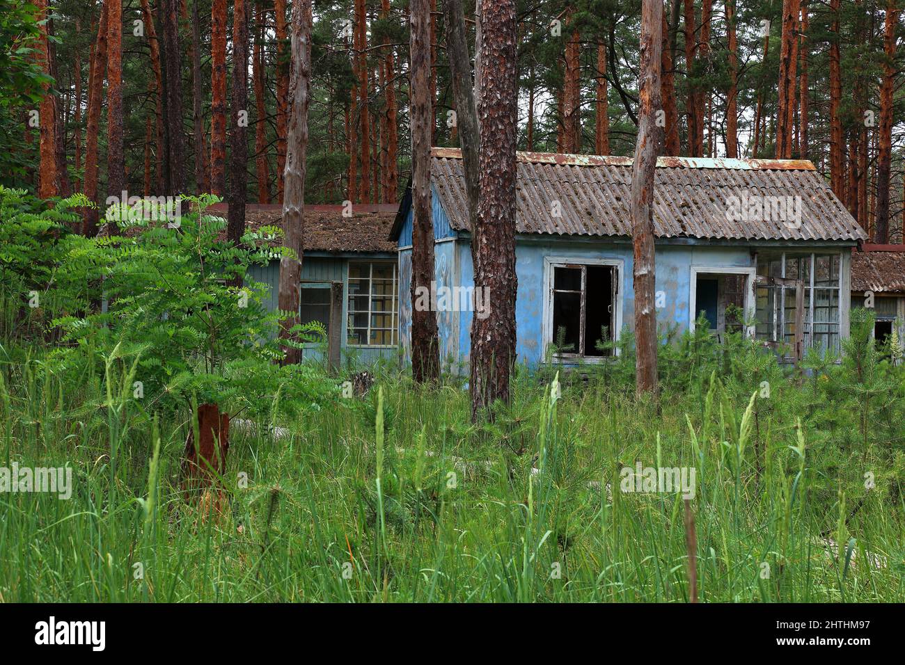 Ukraine, Sperrzone, in der unbewohnbaren 30-Kilometer-Zone um das Kraftwerk von Tschernobyl und der Arbeitersiedlung Pripjat, Holzhuetten im Kinderfer Stock Photo