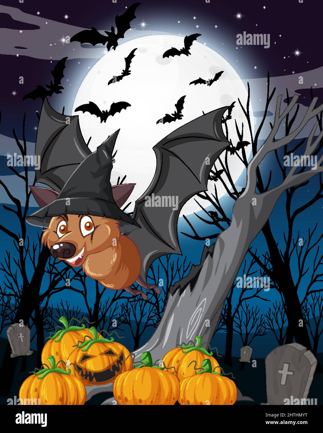 Halloween night scene with group of bats illustration Stock Vector ...