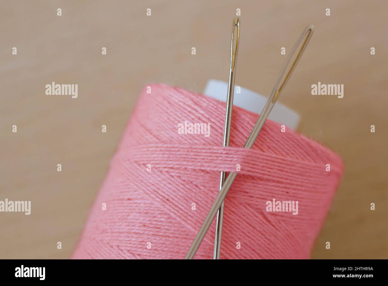 Close-up of sewing needles with pink spool of thread - Concept of teamwork and gender issues Stock Photo