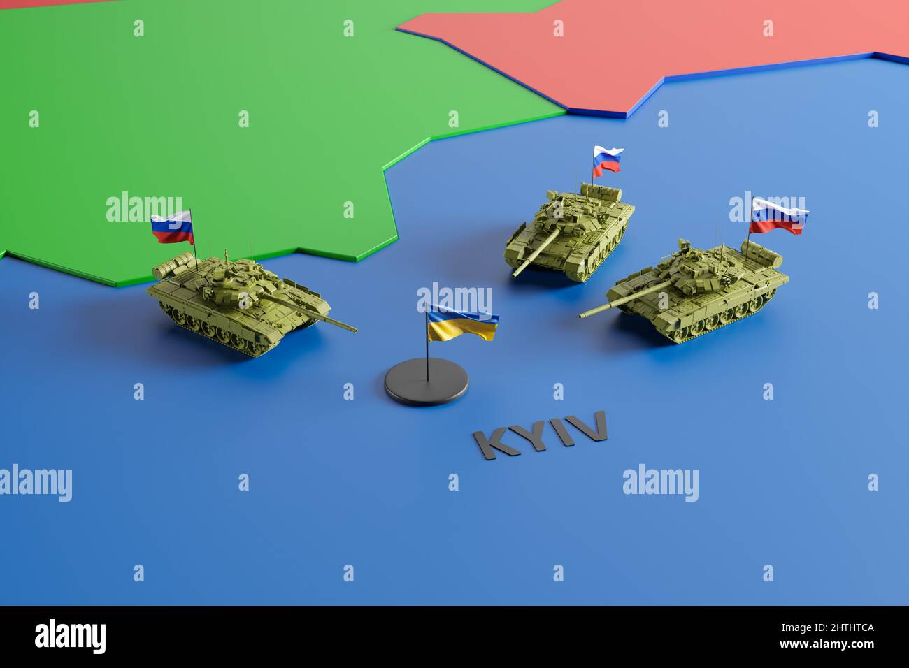 Russian tanks and armored vehicles surrounding the city of Kyiv aka Kiev in Ukraine. Ukraine war concept. 3D rendering. Stock Photo