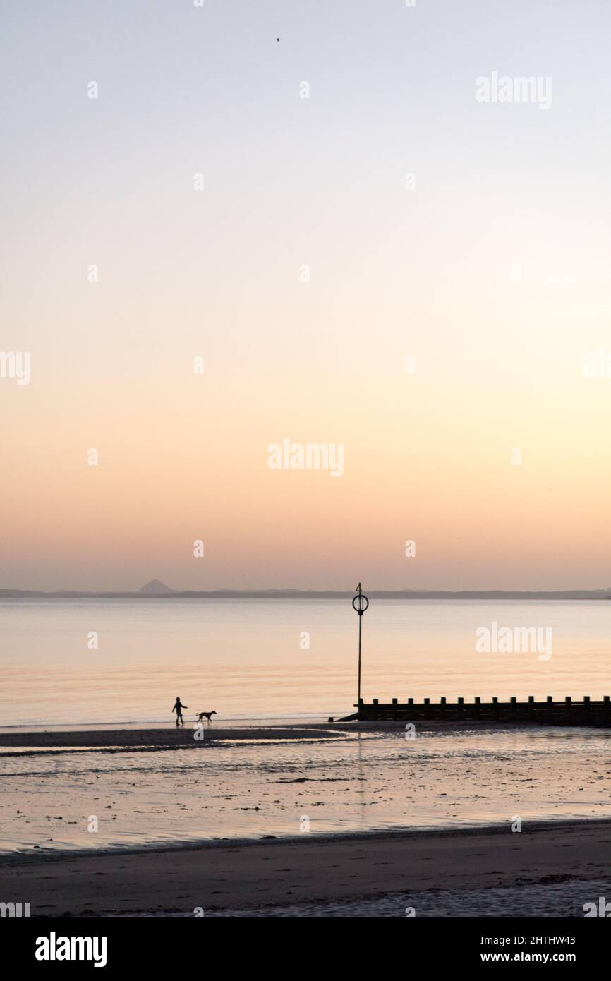 Edinburgh, Scotland, UK, 1st March 2022. UK Weather: Edinburgh wakes up to a sunny morning. A person walking a dog along the beach in Portobello. Credit: Lorenzo Dalberto/Alamy Live News Stock Photo