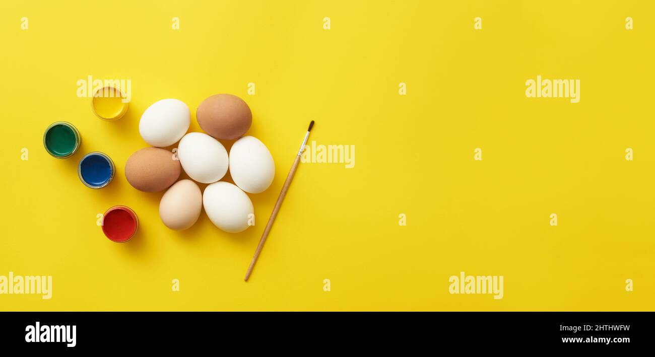 Chicken eggs and paints Stock Photo