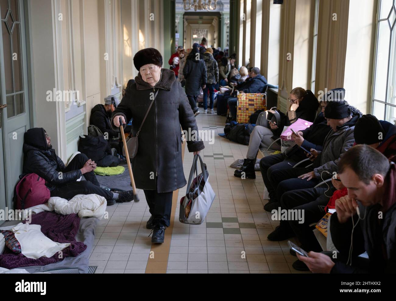 Some of the refugees fleeing the war in Ukraine take the train across the border and reach the Polish city of Przemysl, Feb.28, 2022. The station is overcrowded with refugees waiting for further transport.  Photo Ola Torkelsson / TT / Code 75777 Stock Photo