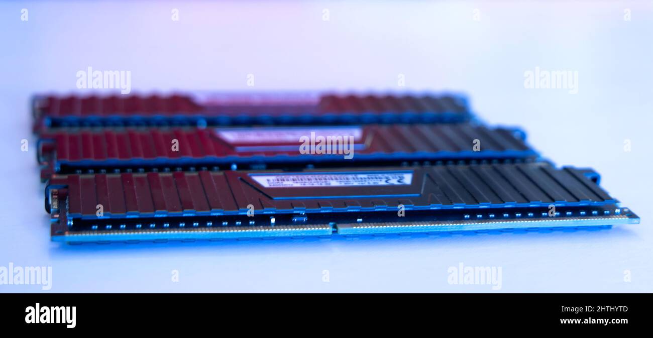 RAM memory modules. Computer components. Close up. Selective focus Stock Photo