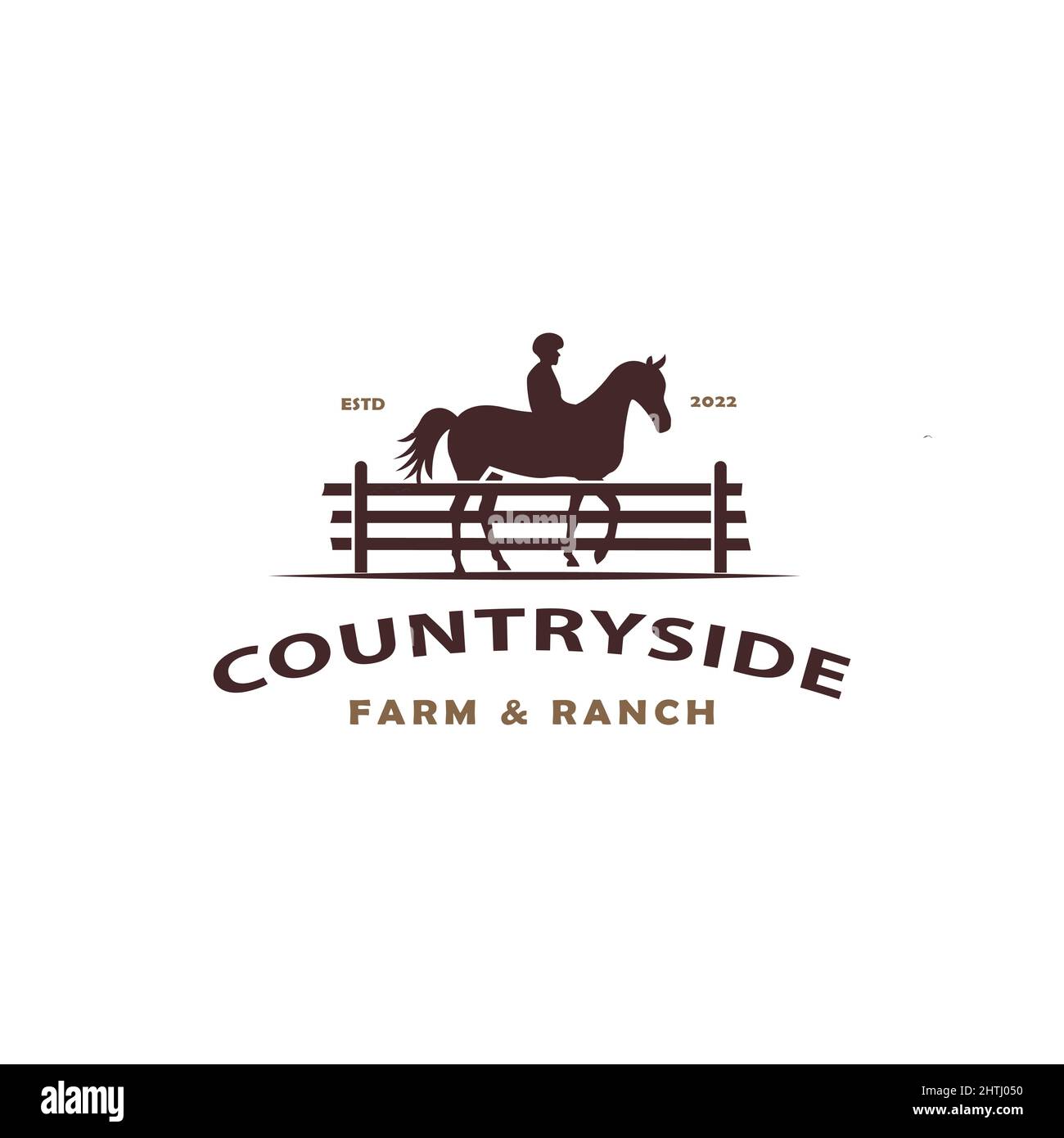 Silhouette of equestrian horse behind wooden fence for western countryside retro rural ranch logo design Stock Vector