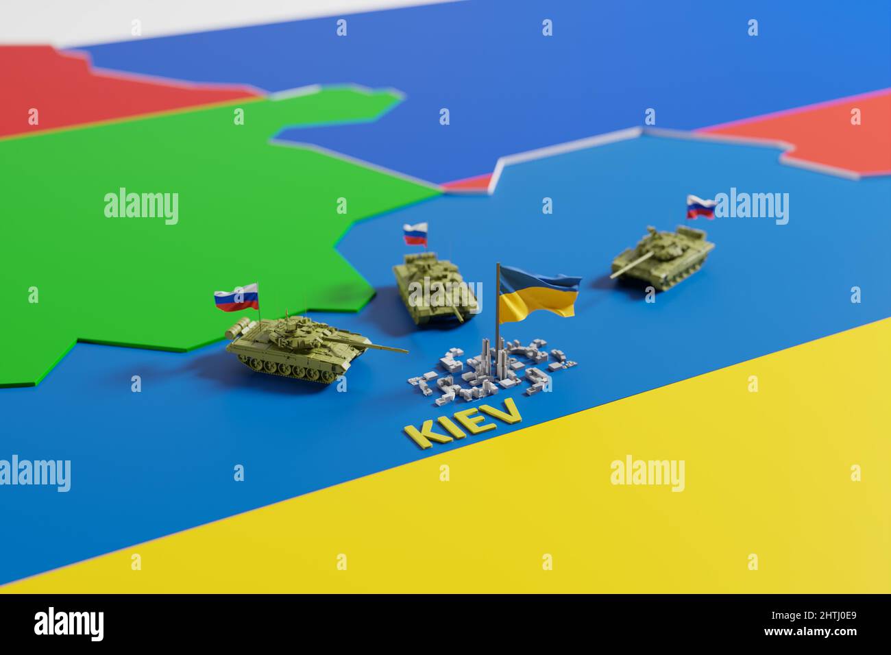War in Ukraine. Russian army and tanks attacking the city of Kiev in Ukraine. Conflict escalation. 3D rendering. Stock Photo