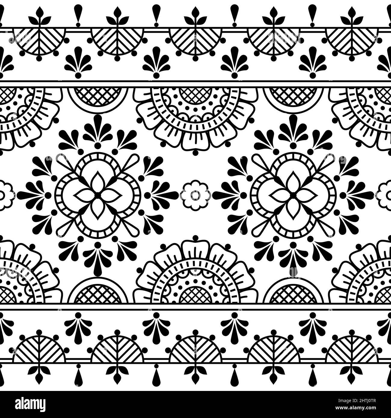 Floral folk art outline vector seamless pattern, decorative textile or fabric print design with flowers inspired by lace and embroidery patterns Stock Vector