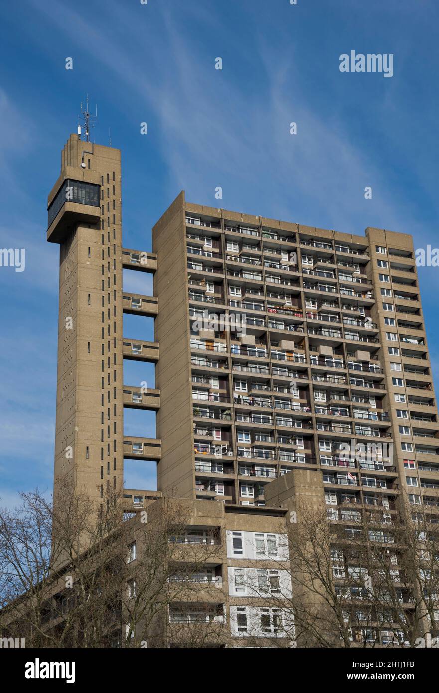 View of 1970s brutalist architecture style Trellick Tower housing block