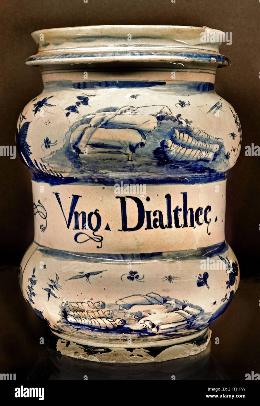 Unguento di Altea Vaso Farmacceutico, (albarello),  Altea, Ointment Pharmaceutical Jar Albisola  manufacture XVIII, 18th, Century  Genova Civiche Collezioni  Italy, Italian, Stock Photo