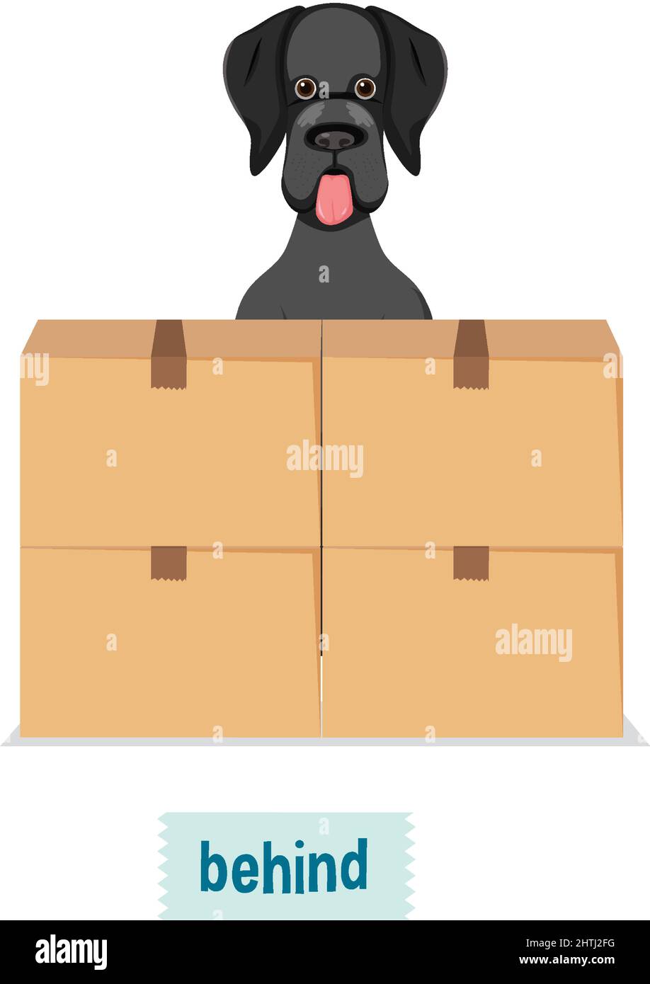 Preposition of place with cartoon dog and a box illustration Stock
