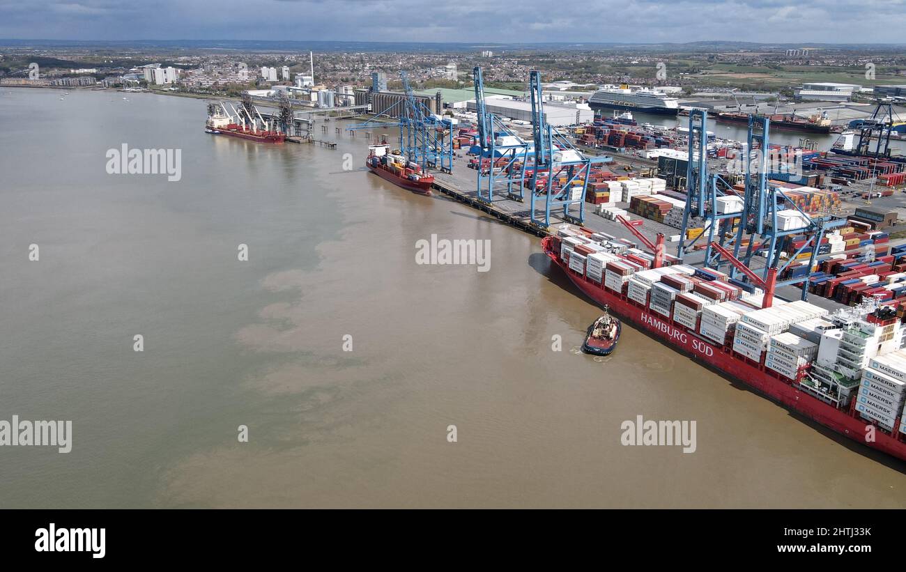 Tilbury Docks container port on River Thames ships loading drone aerial view Stock Photo Alamy