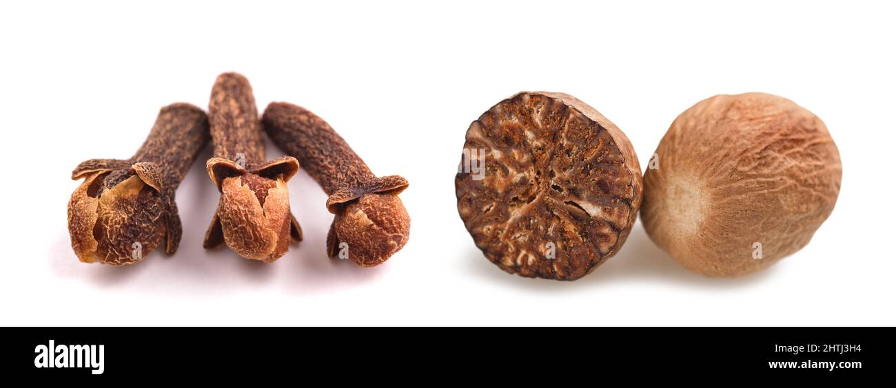 Nutmeg and cloves isolated on white background Stock Photo Alamy