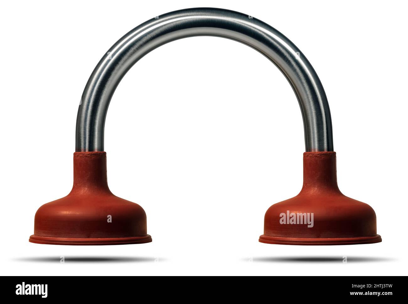Red rubber plunger with a handle in the shape of a curved stainless steel pipe, isolated on white background with copy space and shadows. Stock Photo