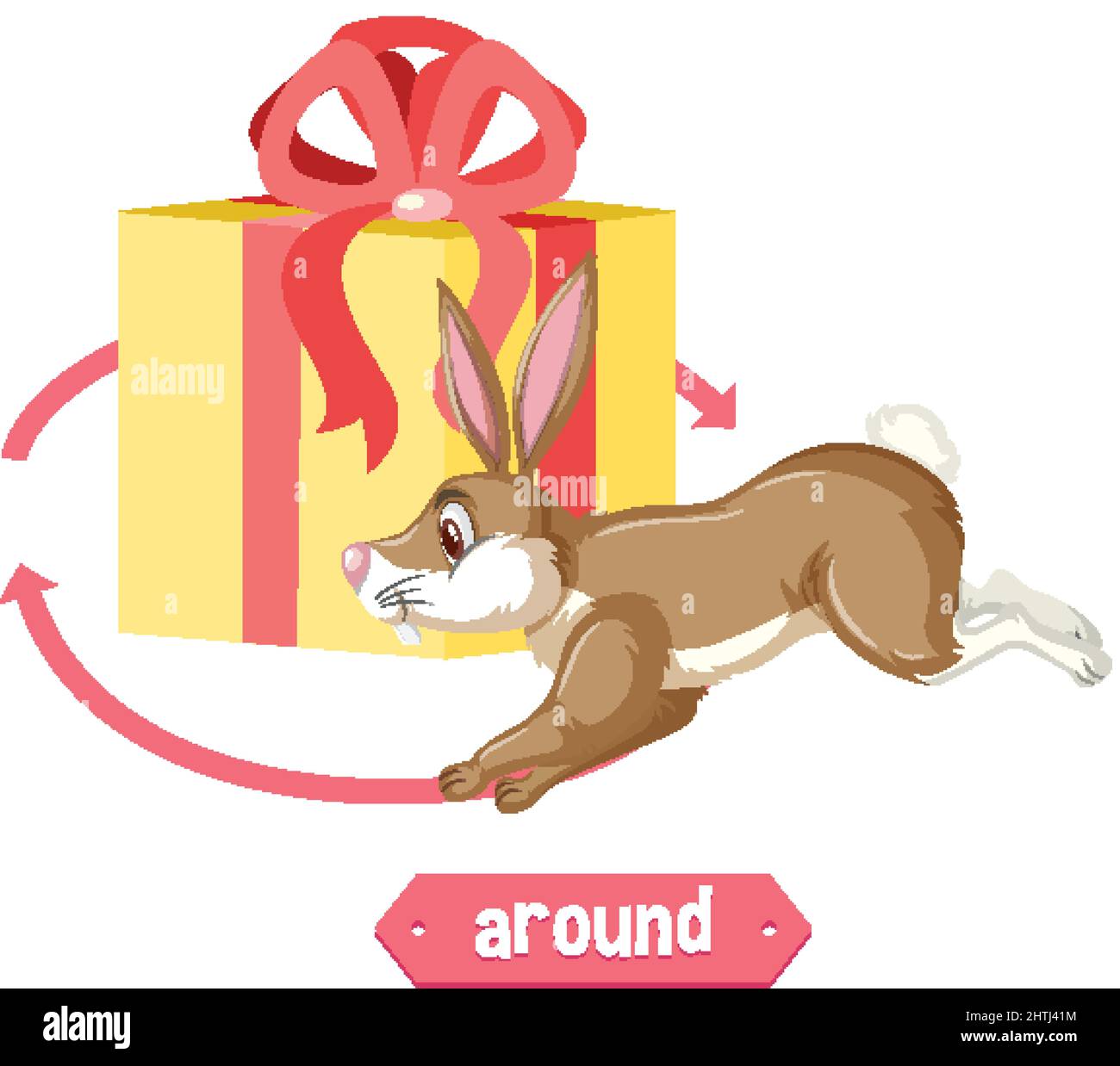 Preposition wordcard with rabbit run around box illustration Stock