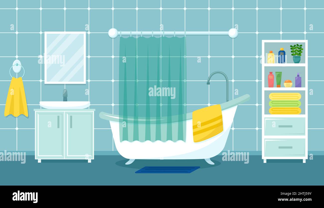 Modern bathroom interior with bath, sink, mirror and wardrobe, vector illustration Stock Vector