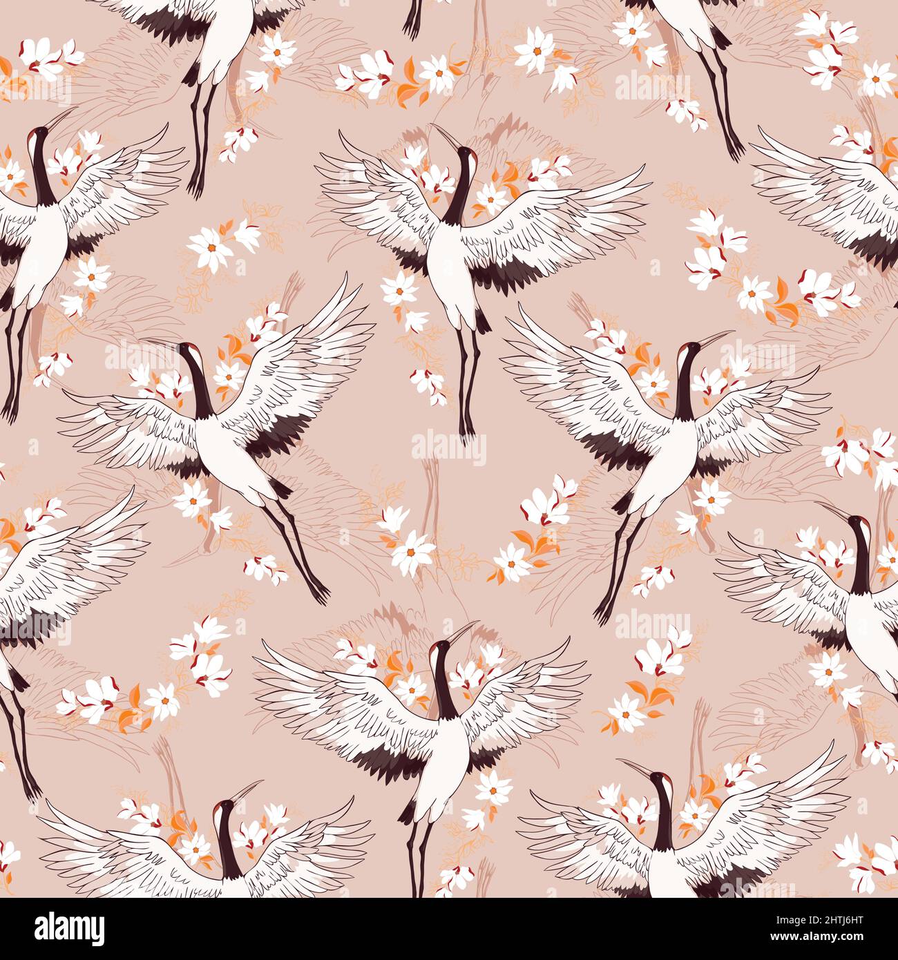 Decorative kimono floral motif background pattern with crane and flowers vector illustration Stock Vector