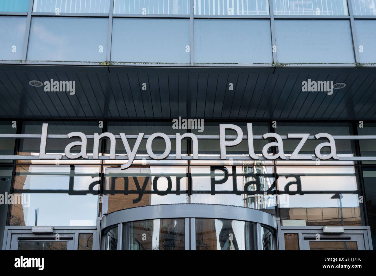 Belfast, UK Feb 19, 2022 The sign for Lanyon Plaza Office Building in