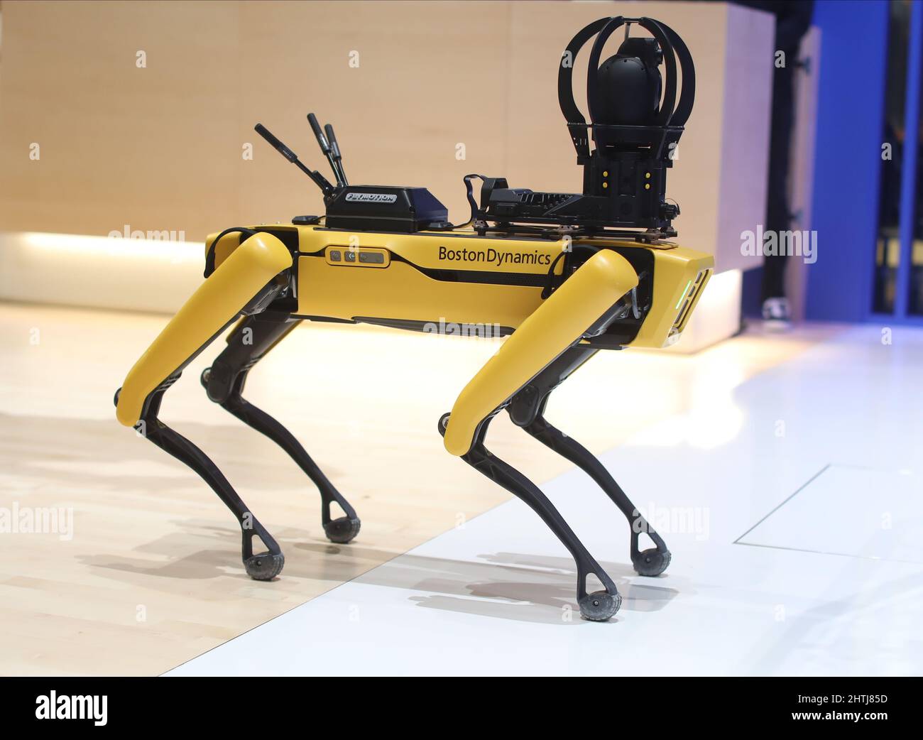 Barcelona, Spain. 28th Feb, 2022. The Boston Dynamics' Spot Robot Dog on the opening day of the Mobile World Congress (MWC), the annual trade show organised by GSMA at the Fira de Barcelona, Spain. Stock Photo