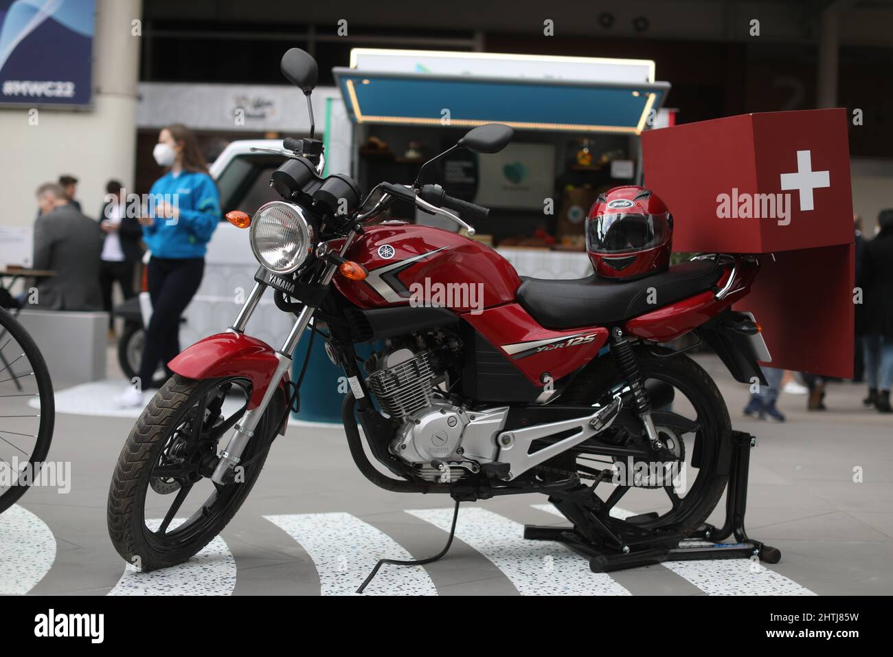 Barcelona, Spain. 28th Feb, 2022. A bike is on display to promote the OneBlood's donor app at the Android Village during the Mobile World Congress (MWC), the annual trade show organised by GSMA at the Fira de Barcelona, Spain. Stock Photo
