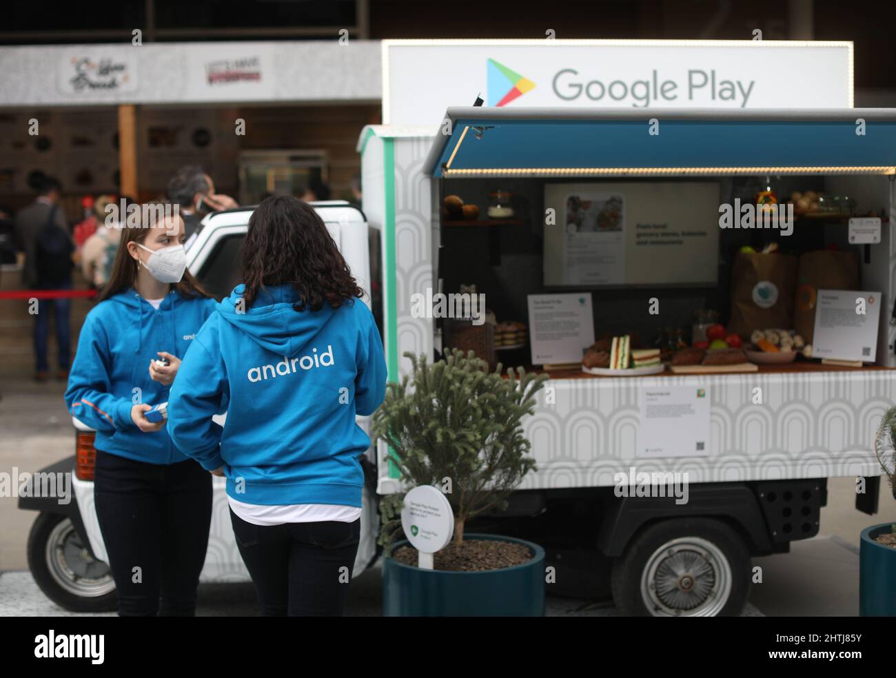 Barcelona, Spain. 28th Feb, 2022. Staff members at the Android Village on the opening day of the Mobile World Congress (MWC), the annual trade show organised by GSMA at the Fira de Barcelona, Spain. Stock Photo