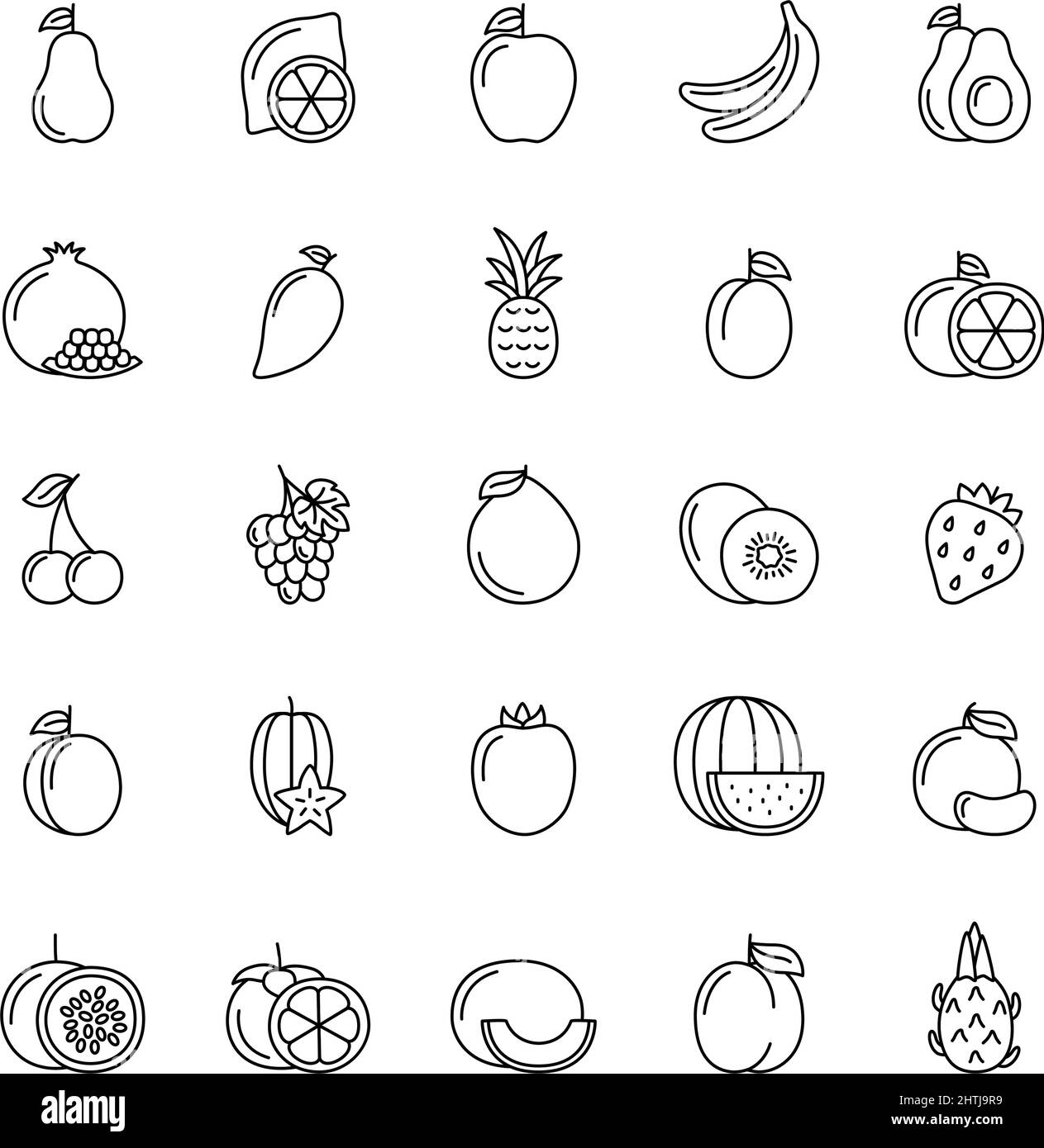 Set of line icons of fruits and berries on white background, vector illustration Stock Vector