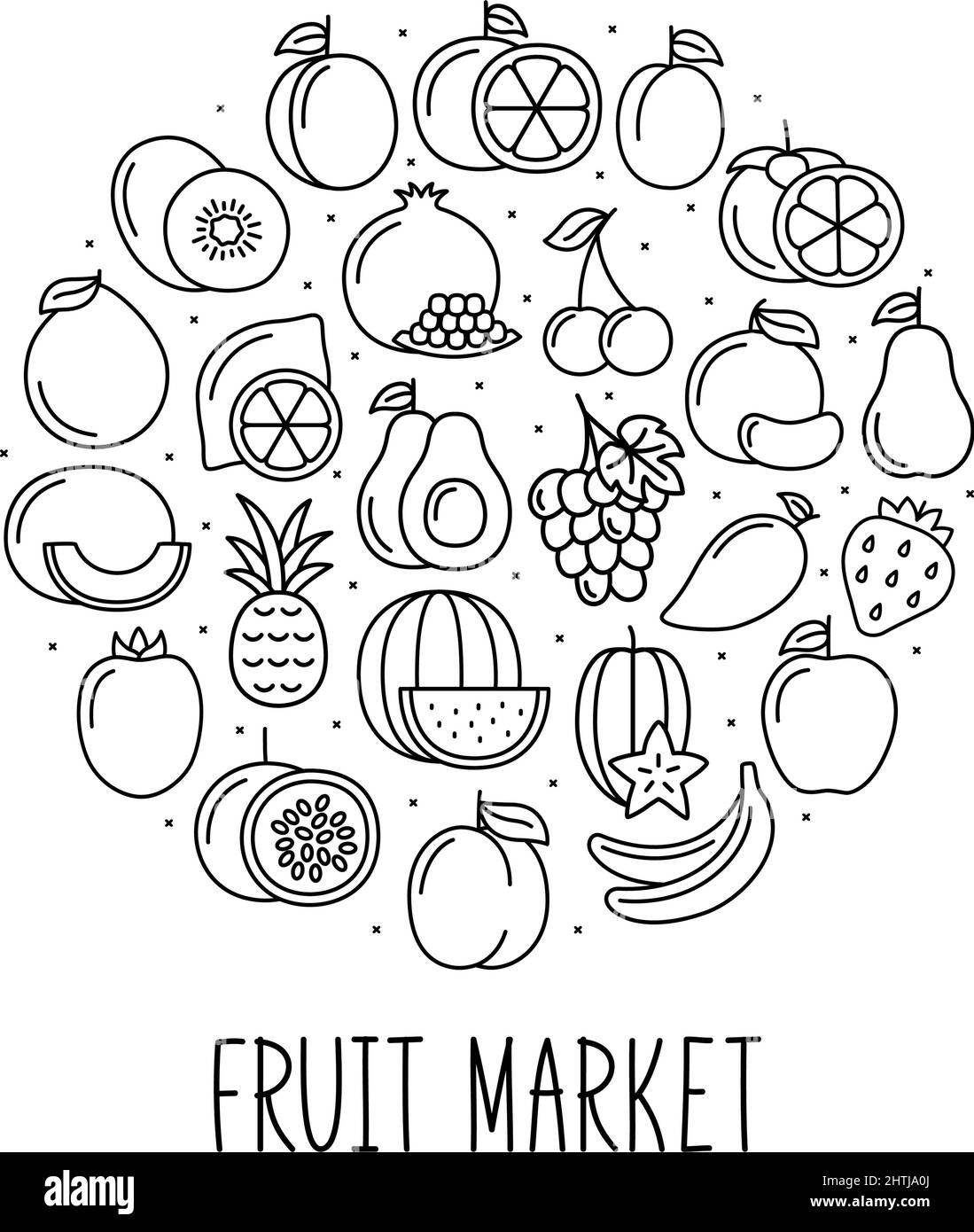 Round banner with fruits icons in linear style. Design for market and store, vector illustration Stock Vector