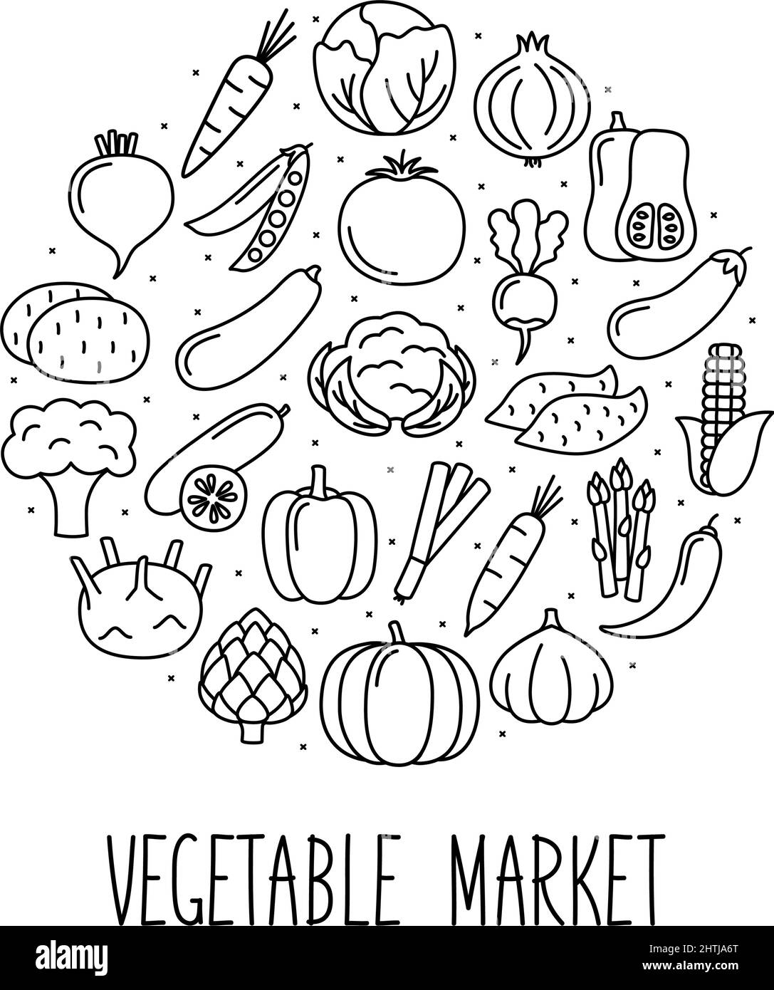 Round banner with vegetables icons in linear style. Design for market and store, vector illustration Stock Vector