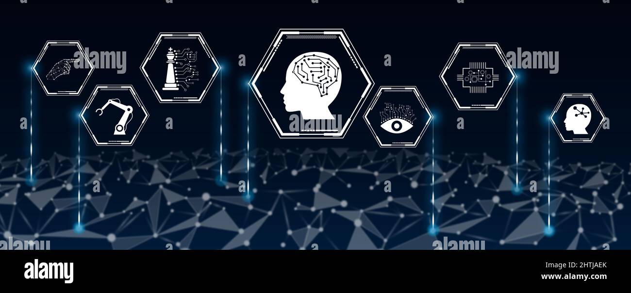 Concept of artificial intelligence with icons in hexagons connected to ...