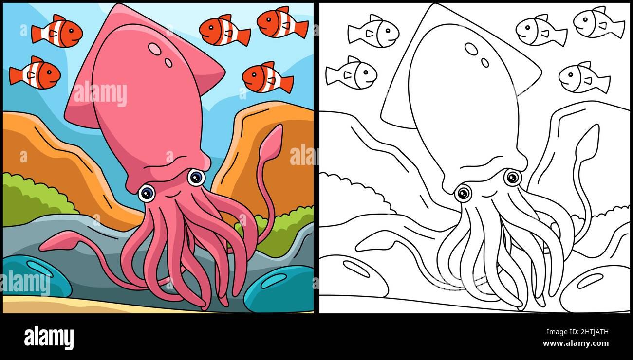 Giant Squid Coloring Page Colored Illustration Stock Vector