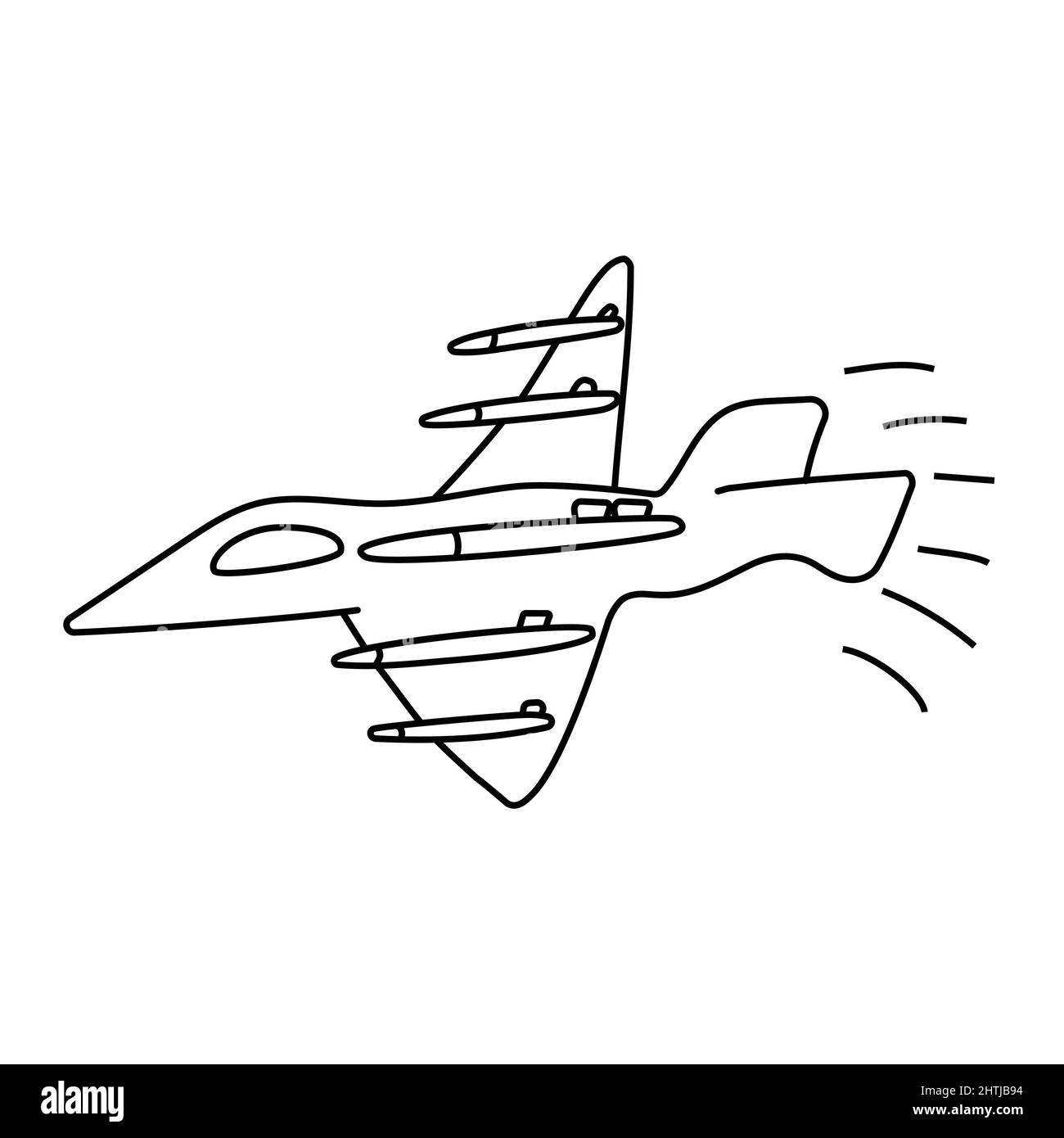 Flying military fighter with missiles. Weapons, warheads. Military aviation. Active military operations. Hand drawn prints and doodle. Stock Vector