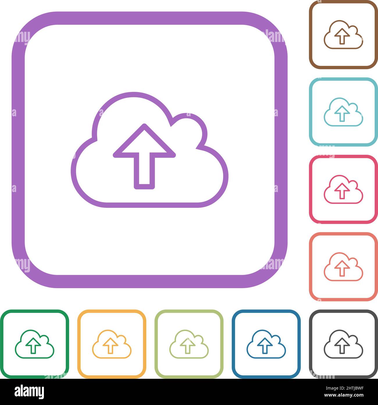 Cloud upload outline simple icons in color rounded square frames on ...