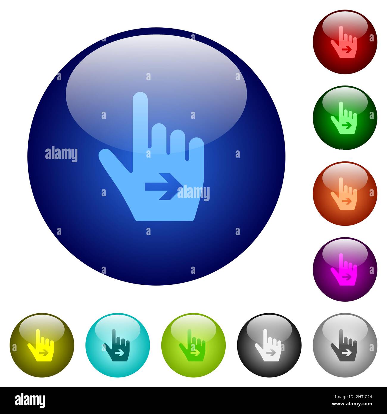 Hand cursor right solid icons on round glass buttons in multiple colors ...