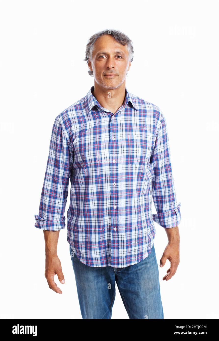 Casually dressed business man. Portrait of mature business man standing over white background. Stock Photo