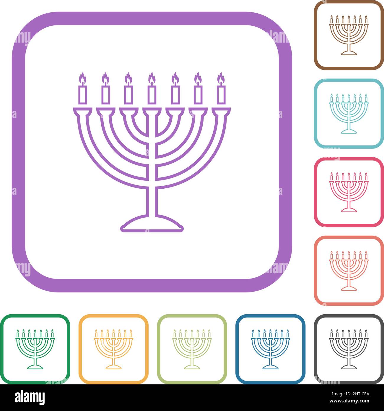 Menorah with burning candles outline simple icons in color rounded square frames on white