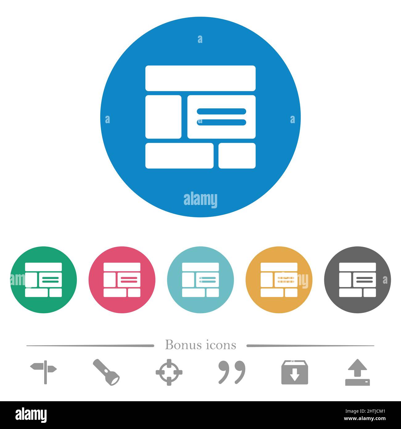 Web layout solid flat white icons on round color backgrounds. 6 bonus ...