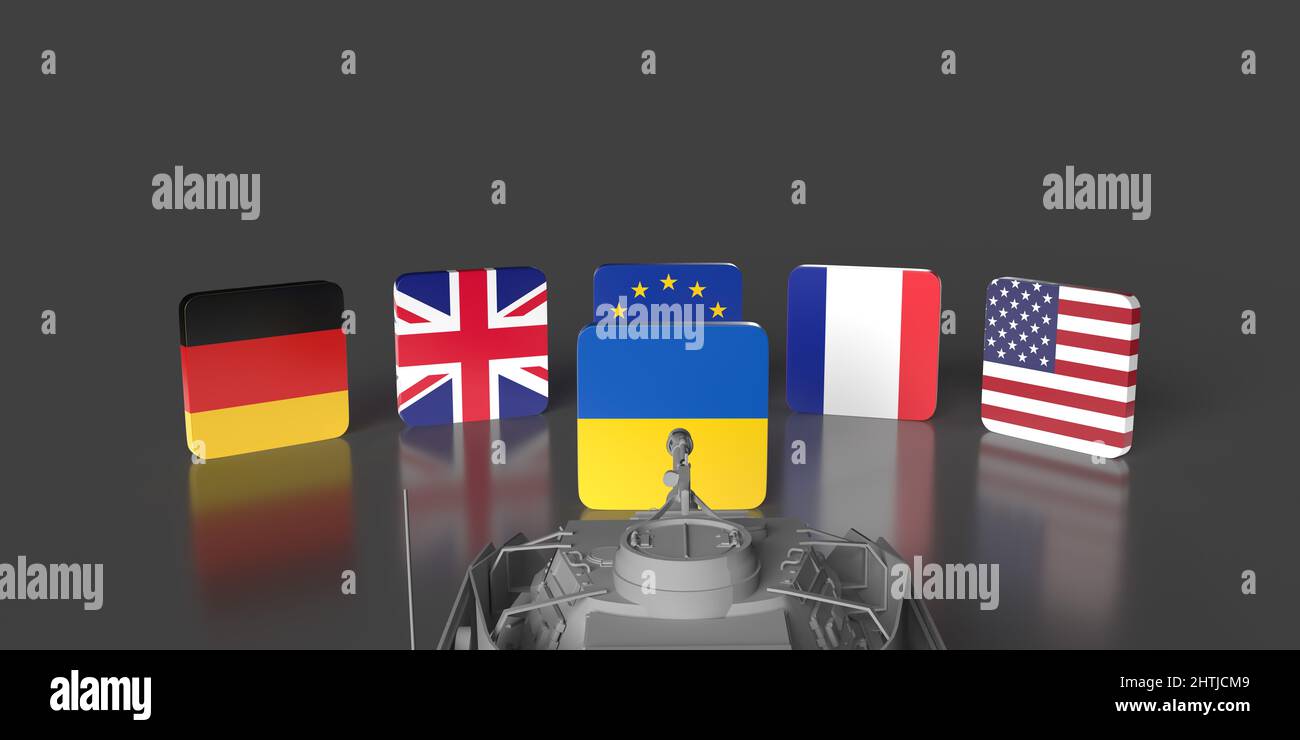 War tank force on Ukraine-Russia military conflict. German, Britain, EU, France and US America country 3D rendered flags coming together for solution Stock Photo