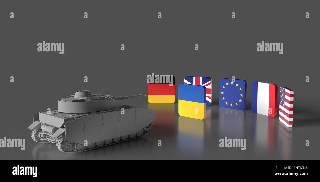War tank force on Ukraine-Russia military conflict. German, Britain, EU, France and US America country 3D rendered flags coming together for solution Stock Photo