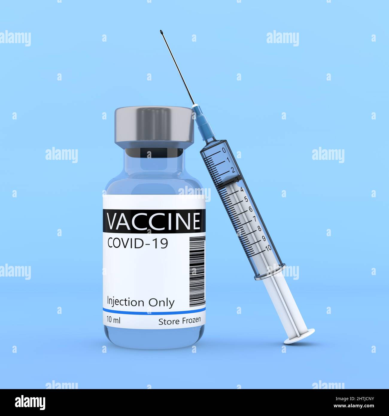 Covid-19 Vaccine Vial Medicine Drug Bottle with Syringe on a blue ...