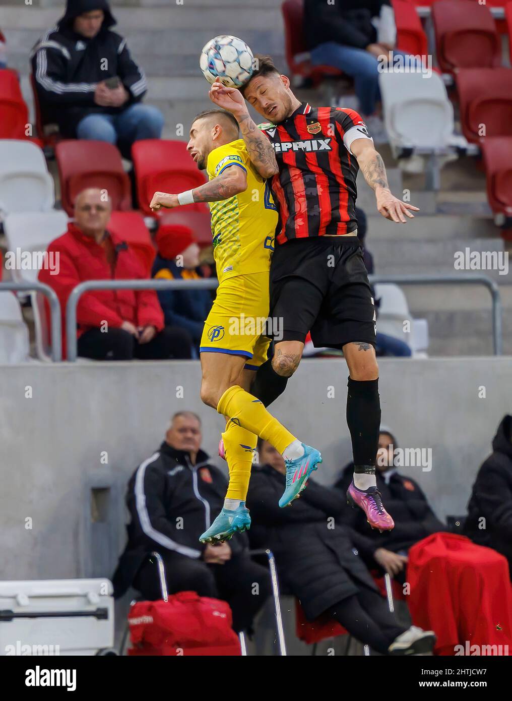 BUDAPEST, HUNGARY - MAY 12: (r-l) Leandro De Almeida 'Leo' of Ferencvarosi  TC celebrates the goal with Roland Varga of Ferencvarosi TC during the  Hungarian OTP Bank Liga match between Ferencvarosi TC