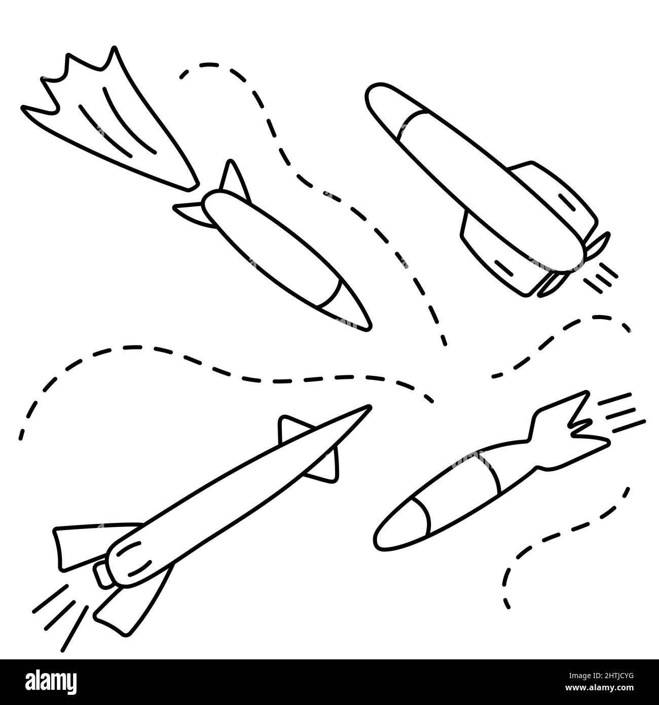 Flying military missiles, warheads. Active military operations. Hand drawn prints and doodle. Stock Vector