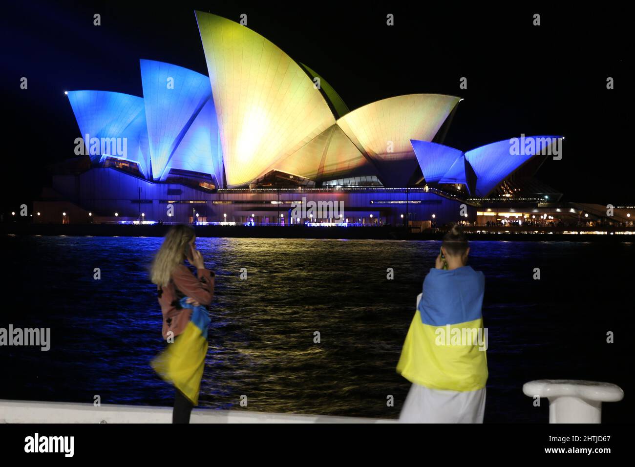 Sydney, Australia. 1st March 2022. Sydney Opera House sails illuminated with the colours of the Ukraine National Flag in solidarity with Ukraine. The sails will be illuminated each evening from Monday 28 February to Saturday 5 March 2022. Credit: Richard Milnes/Alamy Live News Stock Photo